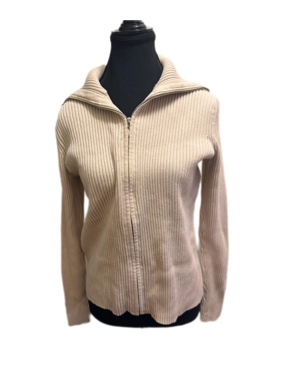 Evie Beige Ribbed Zip-Front Women’s Sweater Jacket